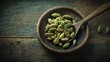© Anton - Cardamom Seeds on Wooden Plate. Green Spice Plant with Clay Spoon on Background