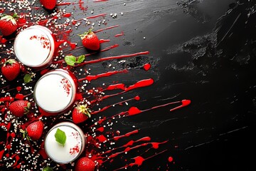 Milk and strawberries are arranged on a black table with a bowl of colorful sweet cereal rings