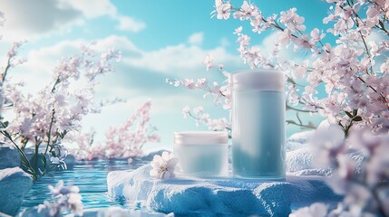 Wall Mural - skincare products in a serene spring landscape with blooming cherry blossoms
