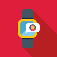 Wall Mural - Smart watch with incoming video call on red background with long shadow