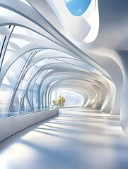 Poster - Futuristic White Architecture Interior with Curved Walls and Glass Windows.