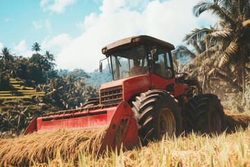 Using a combine harvester, a farmer harvests rice on his farm