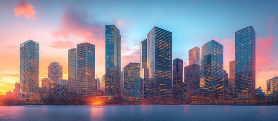 Poster - City Skyline at Sunset with Reflections