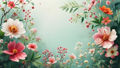 Wall Mural - Pastel floral border of springtime tranquility adorned with soft blooms and lush greenery, inviting creative inspiration on a blank page.