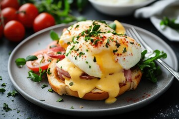 Poster - Plate with delicious eggs Benedict and fork on the table