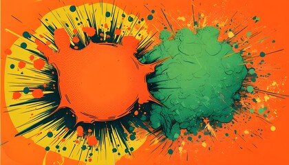 Wall Mural - Vibrant orange and green comic speech bubble with halftone texture emerging from a lively abstract backdrop