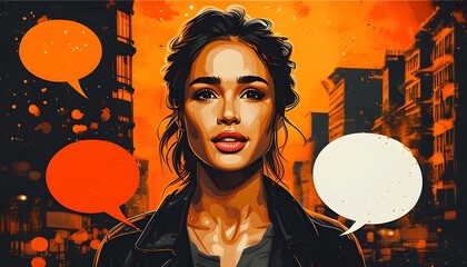 Wall Mural - Empowered Woman Stencil in Urban Street Art Style with Bold Orange and Black Backdrop, Red Dividing Lines, and Crisp White Text Box