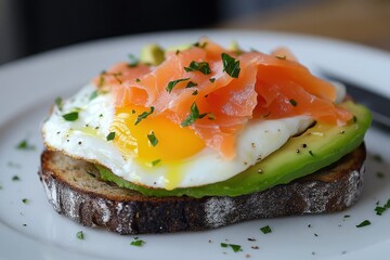 Wall Mural - Poached egg on rye toast with salmon and avocado