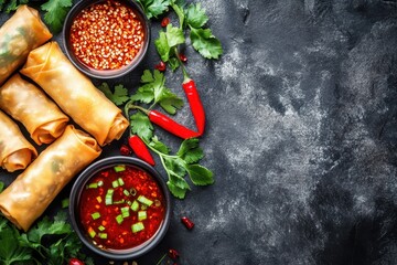 Canvas Print - Spicy sauce deep fried vegetable spring rolls on table with copy space background