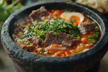 Poster - Spicy Vietnamese noodle soup in Hue Vietnam Stone bowl with beef and vermicelli Selective focus