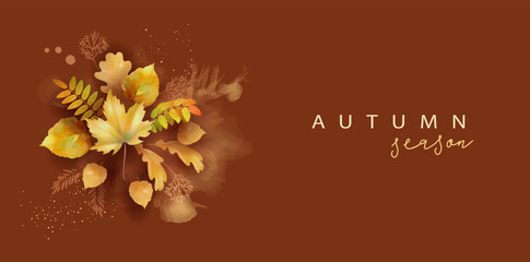 Poster - Abstract autumn collage. Watercolor banner with maple leaves, paint stains and drawn plants