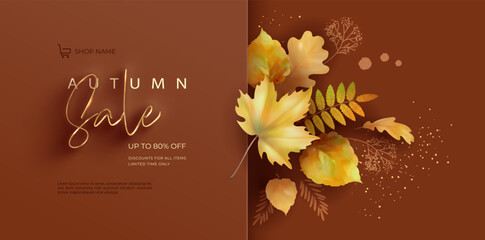 Poster - Autumn Sale banner with maple leaves and drawn plants. Abstract fall collage