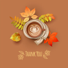 Wall Mural - Thank you card. Autumn banner with a cup of coffee and fall leaves