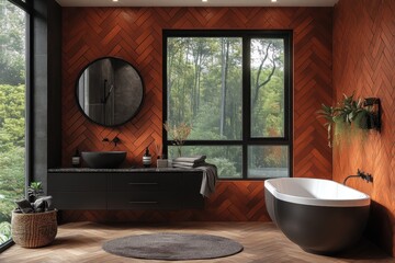 Wall Mural - Modern Bathroom with Wooden Walls and Large Window