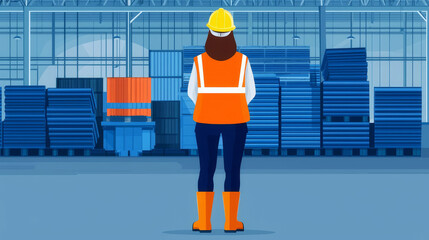 Wall Mural - Worker in metal recycling plant, safety vest and boots, flat design illustration