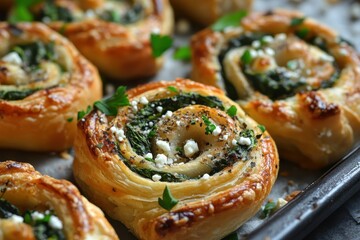 Poster - Spinach and feta puff pastry pizza rolls with garlic homemade and tasty