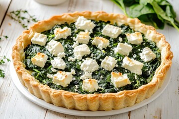 Sticker - Spinach and feta tart on white wooden surface