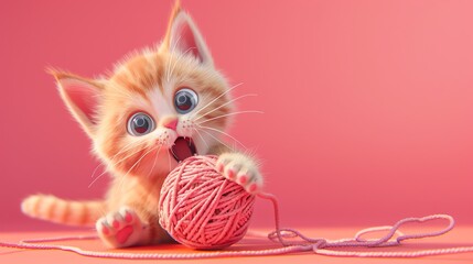 Sticker - A cute cartoon kitten with big blue eyes plays with a ball of yarn on a pink background.