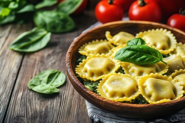 Canvas Print - Spinach and ricotta ravioli on rustic wooden backdrop