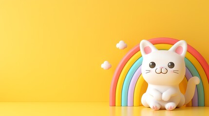 Sticker - A cute cartoon cat sitting in front of a rainbow on a yellow background.