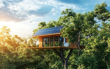 Eco-Friendly Treehouse with Solar Panels in a Forest Clearing under a Sunny Sky - Sustainable Living Concept Stock Photo