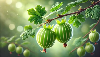 Wall Mural - An image of two ripe European gooseberries hanging from a branch on a leafy green bush