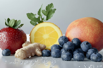 Wall Mural - Fresh fruit, lemon, ginger, blueberries, and strawberry on a white background.