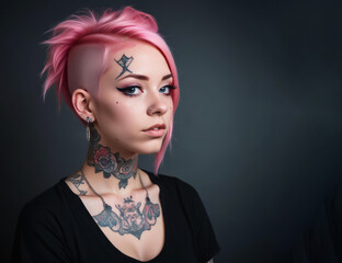 Young girl with pink hair, tattoos and facial piercings.