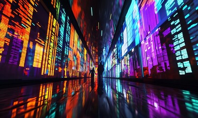 Two Figures Walking Through a Neon-Lit, Digital Corridor