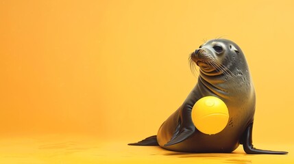 A seal with a yellow ball in front of a yellow background.