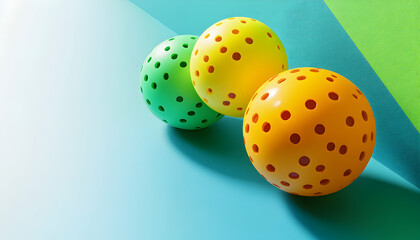 Wall Mural - Three colorful balls with holes on a blue and green background.