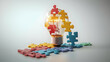 © HaJung - 3D Floating Puzzle Piece and Light Bulb Icon with 'Marketing Solutions' Text - Dynamic Vector Design Isolated on White Background for Creative Problem Solving in Marketing