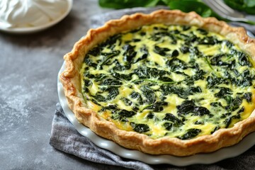 Canvas Print - Spinach quiche in homemade crust for brunch or dinner on table