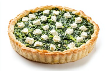 Poster - Spinach tart with feta cheese on white background