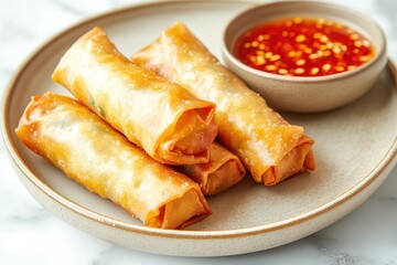 Sticker - Spring roll served with chili sauce on marble background in Asian restaurant