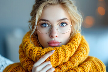 Portrait of beautiful woman in glasses outdoors, space for text. High quality photo