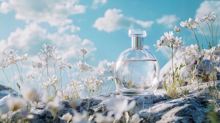 Wall Mural - perfume bottle in a field of white flowers with blue sky