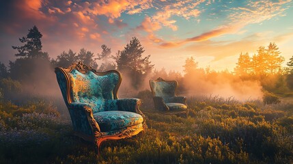 Wall Mural - A Pair of Ornate Chairs in a Foggy Forest at Sunset