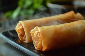 Spring rolls have a delicate wrapper made from flour and water that shatters easily when touched and filled with a mix of pork and shrimp