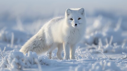 arctic fox in pristine white winter coat, snowy landscape: an arctic fox, its coat pristine and whit