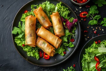 Canvas Print - Spring rolls salad on plate top down view