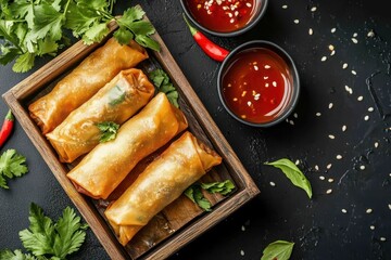 Sticker - Spring rolls served in wooden tray with sauce on black table