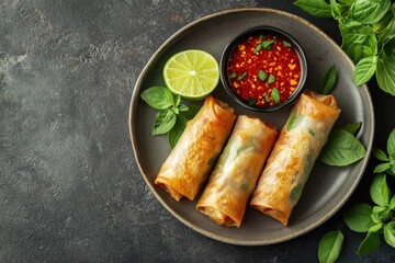 Poster - Spring rolls with chili sauce and lime fried on plate