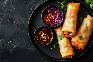 Canvas Print - Spring rolls with red cabbage carrot sweet chili dip top view on black background