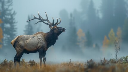 majestic elk bugling in misty mountain meadow: a majestic elk stands tall in a misty mountain meadow