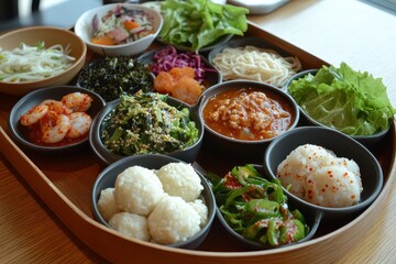 Poster - Steamed pork buckwheat noodles side dishes lettuce spicy shrimp rice balls soup