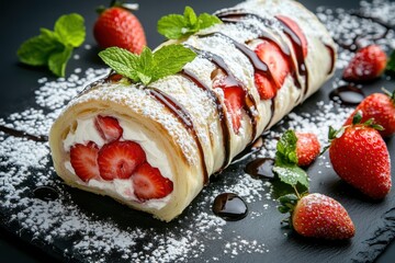 Poster - Strawberry and cream filled sweet roll garnished with strawberries sugar and mint