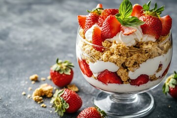 Canvas Print - Strawberry trifle with shortbread crumbs yogurt cream and strawberries Delicious summer dessert with selective focus