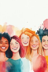 Group of five happy women with vibrant color splashes