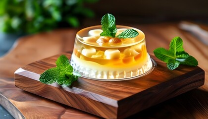 Gourmet layered fruit jelly desserts adorned with mint leaves, artfully displayed on a rustic wooden board